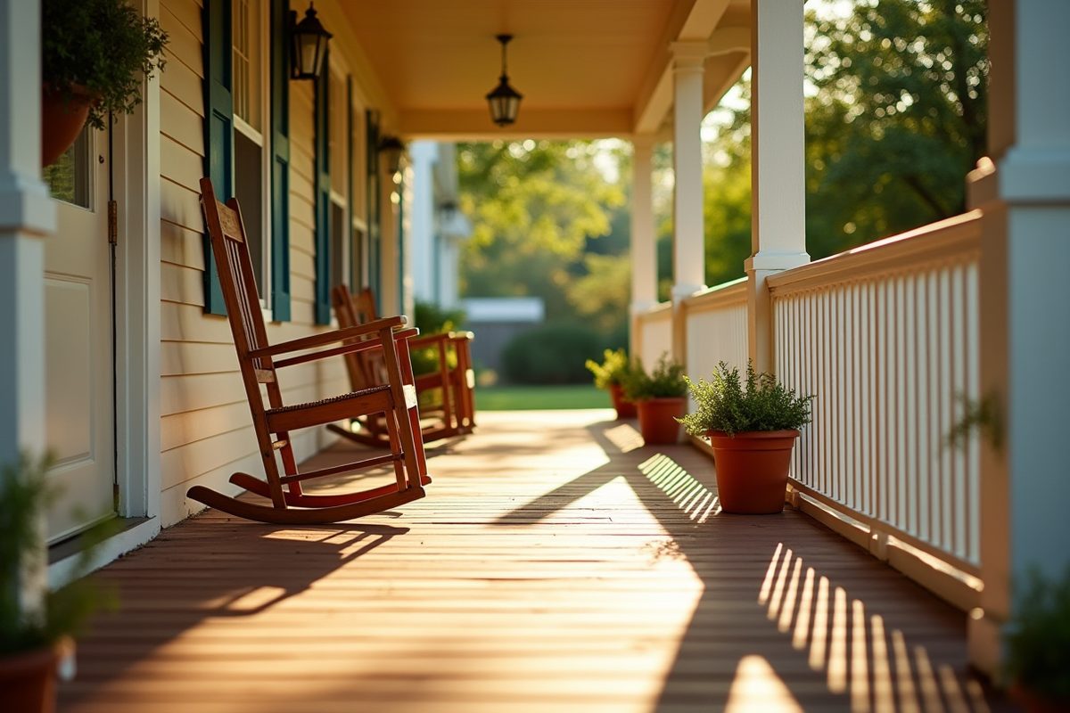 A welcoming covered front porch of a Texas suburban home in golden late-afternoon light, with the front door open, a wooden rocking chair and potted ferns.
