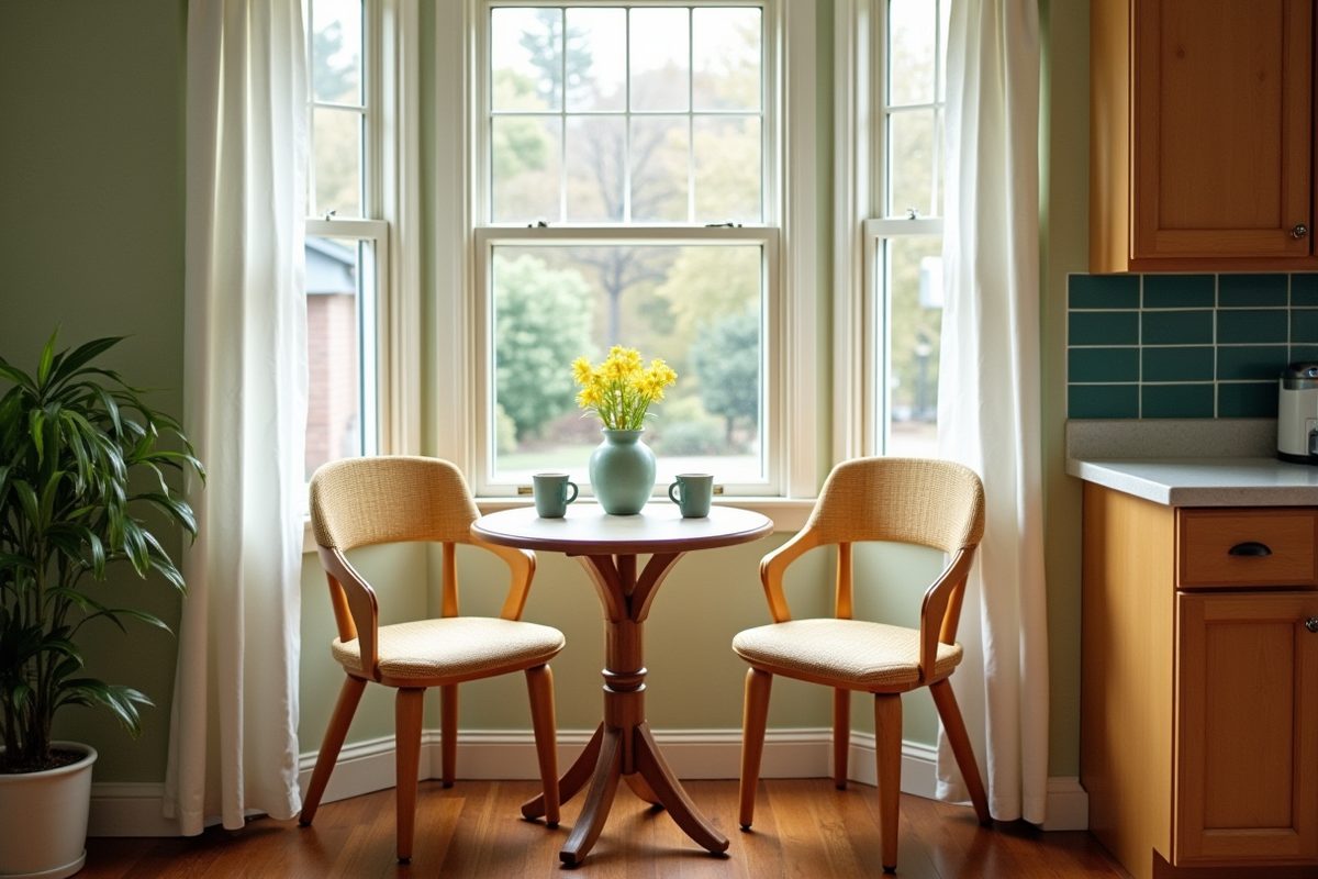 A bright kitchen breakfast nook with two empty chairs at a small round table and two mugs set out in soft morning light.