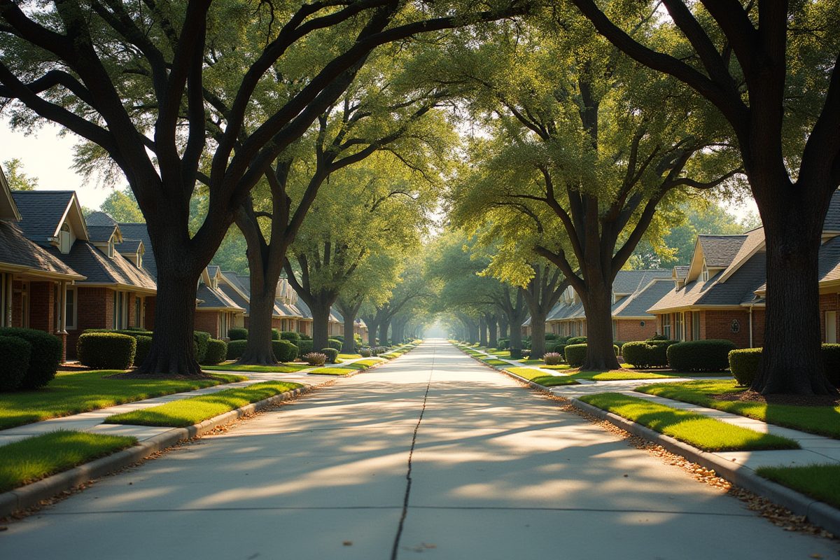 A quiet North Texas suburban residential street on a clear morning, with mature live oaks arching over the road and tidy brick homes set back behind neat lawns.