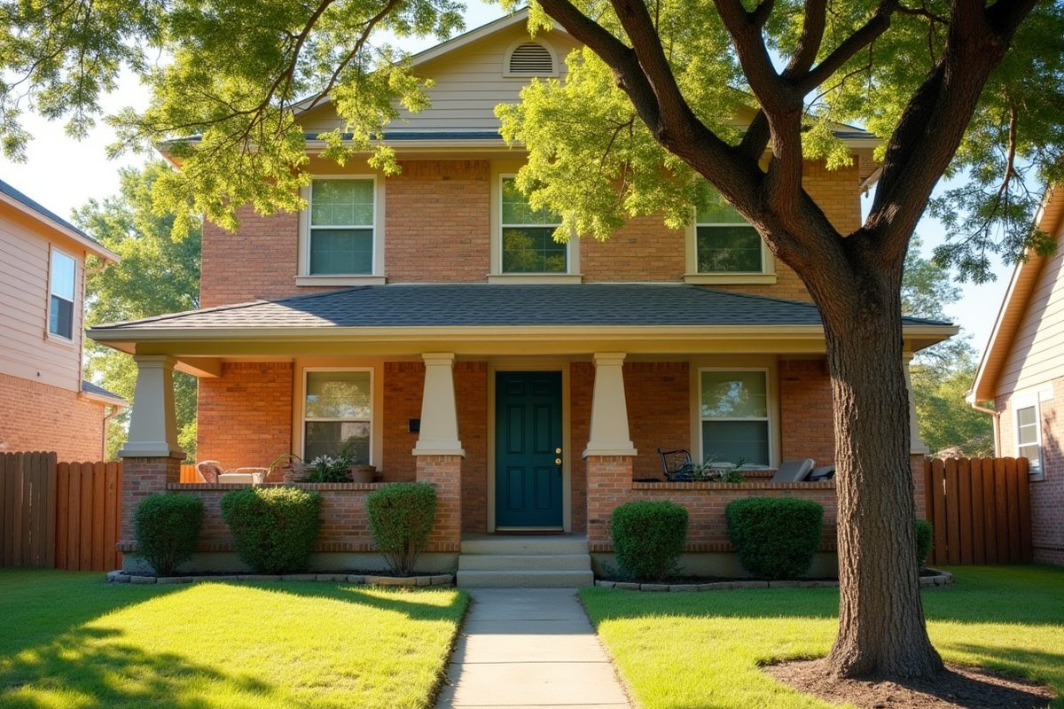 The front of an ordinary Texas brick two-storey suburban home in warm late-afternoon light, with a neat lawn, a young shade tree and a simple porch.