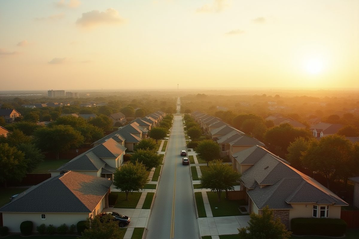 A wide view over a North Texas suburban neighbourhood at golden hour, with rooftops among mature trees under a big open sky.