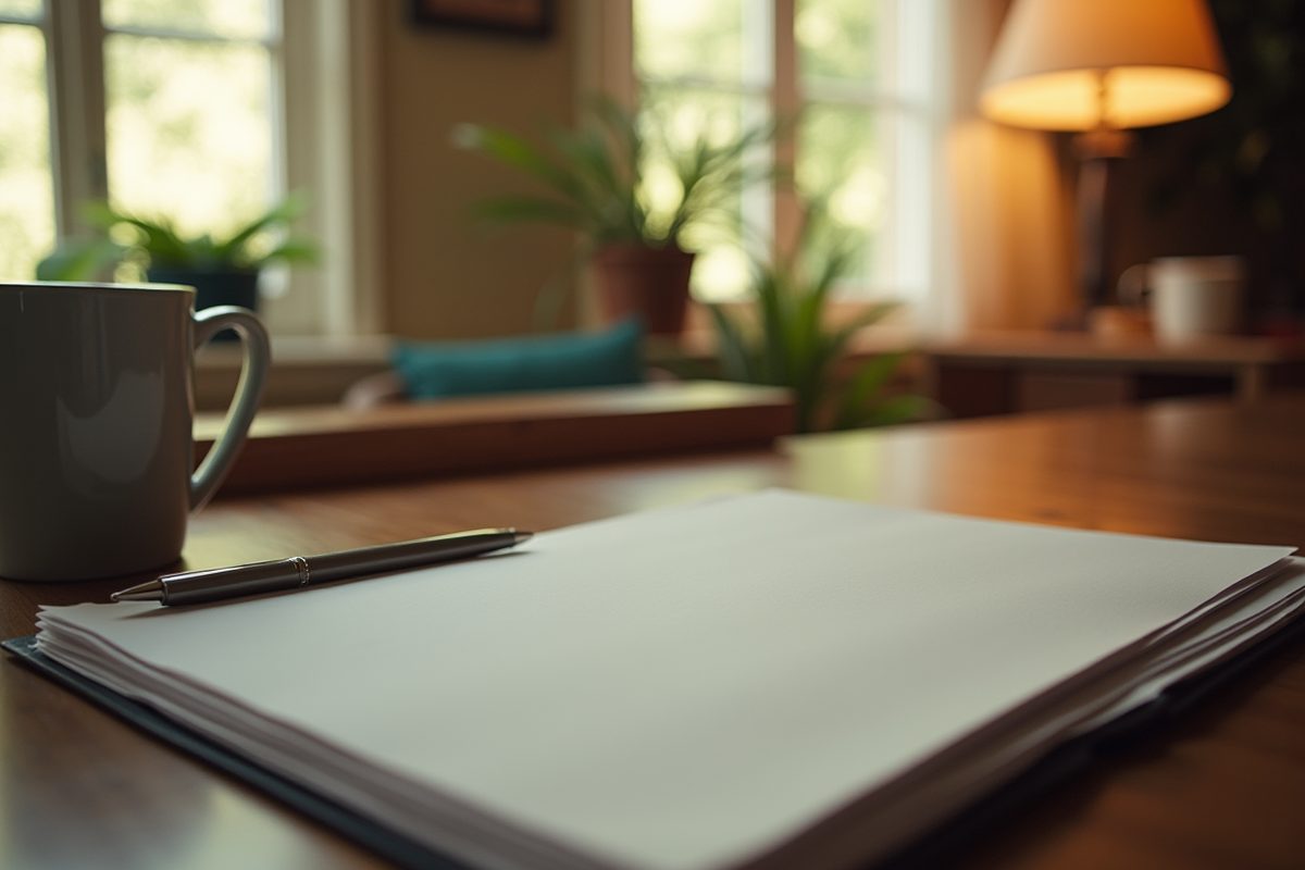 A tidy home desk in warm lamplight with a closed plain folder, a pen, a pair of reading glasses and a mug.