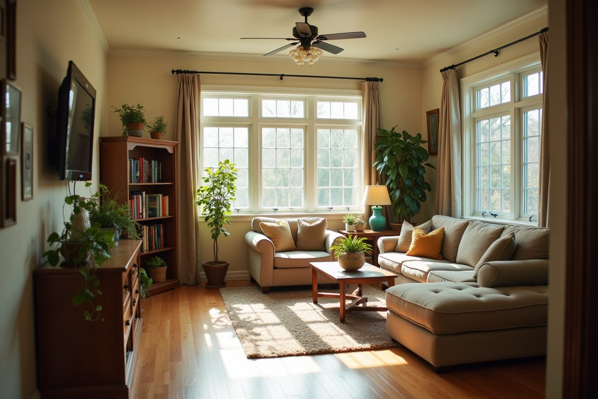 A warm two-storey family living room seen from the entry in late-afternoon light, with the staircase rising at the back of the room beside a sofa and bookshelf.