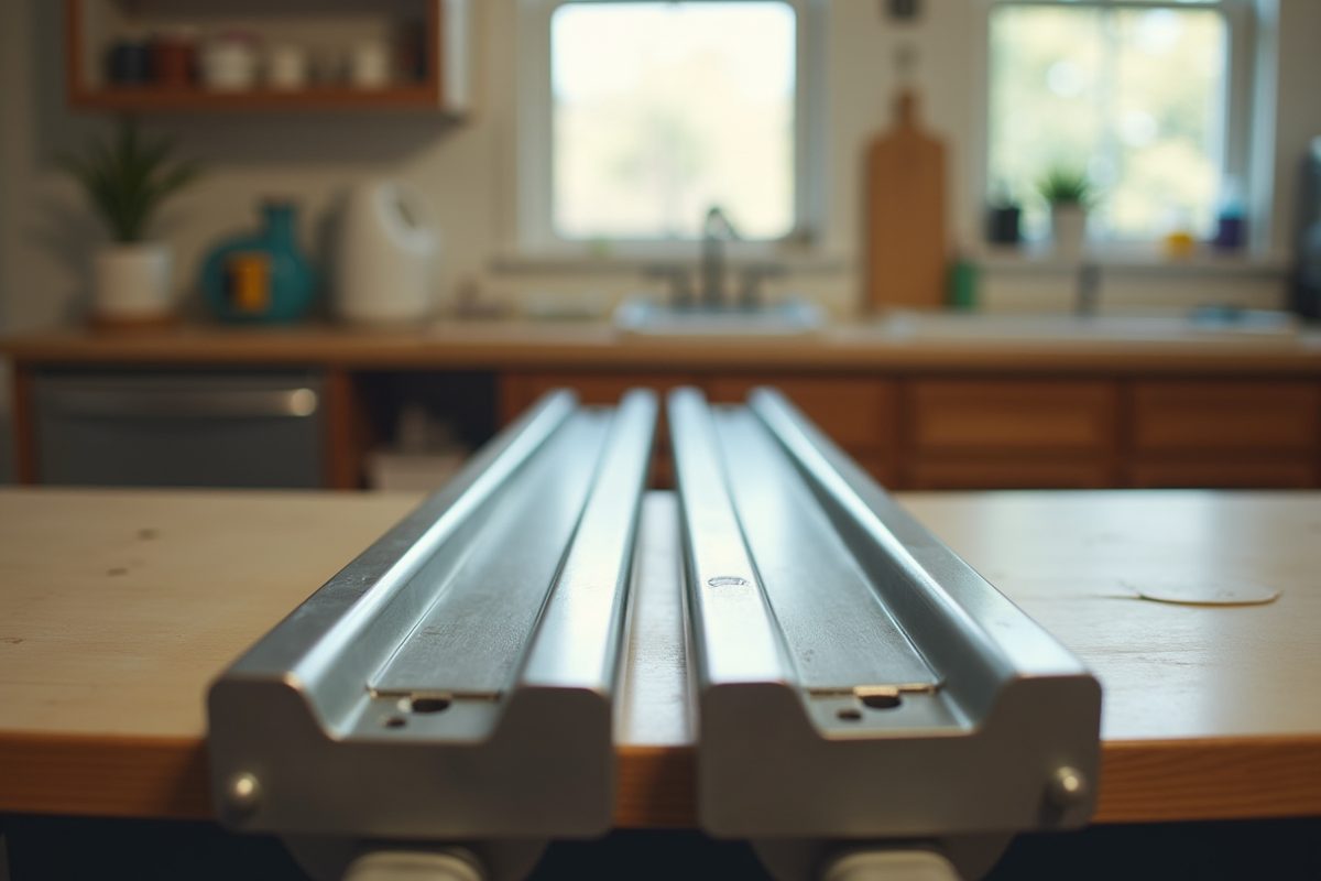 Two identical unbranded stairlift rail sections lying side by side on a clean workshop bench in soft even light.