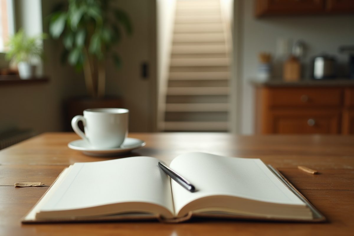 A kitchen table in morning light with a blank open notebook, a pen, reading glasses and a mug of coffee, and a staircase out of focus through the doorway.