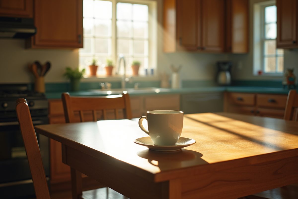 Late-morning sunlight stretching across a warm wooden kitchen table beside an empty mug and a pulled-out chair.