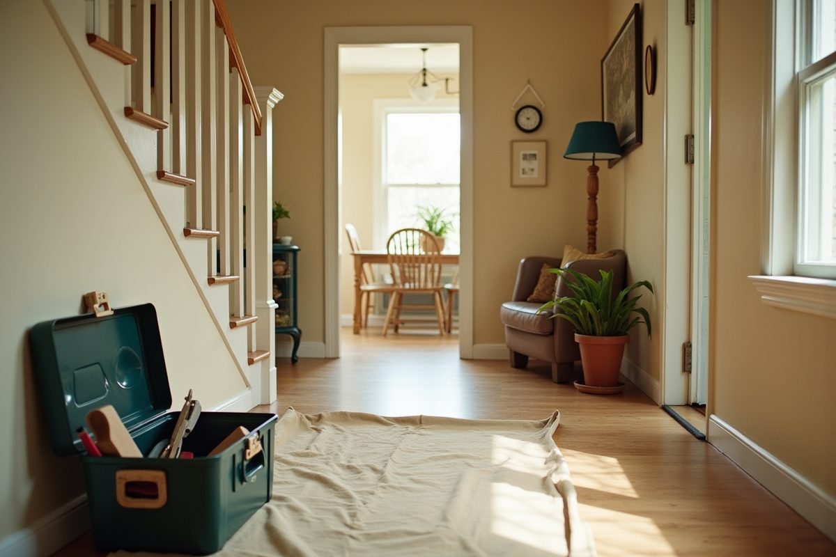 A clean canvas drop cloth laid neatly over the hallway floor at the bottom of a staircase, with a tidy open toolbox of plain hand tools set to one side.