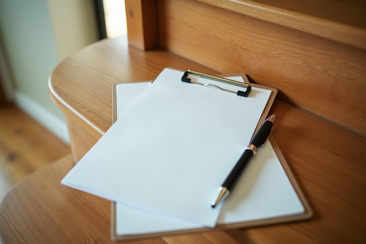 A clipboard holding a blank sheet of paper with a pen resting on it, set down on a warm oak stair tread in daylight.