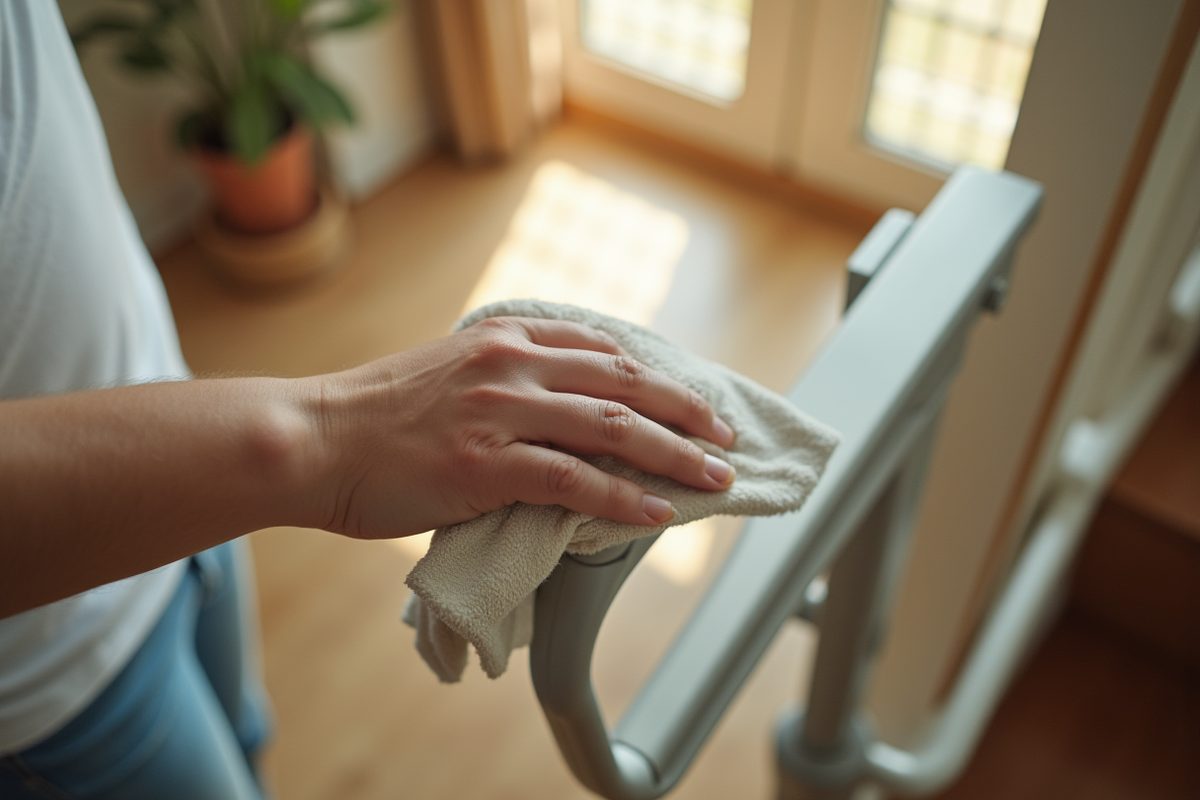 A close-up of a hand wiping a plain metal stairlift rail with a clean soft cloth.