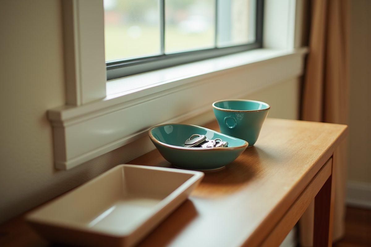 An entryway console table holding house keys in a small teal ceramic dish and an empty mail tray, lit by daylight through a narrow window.