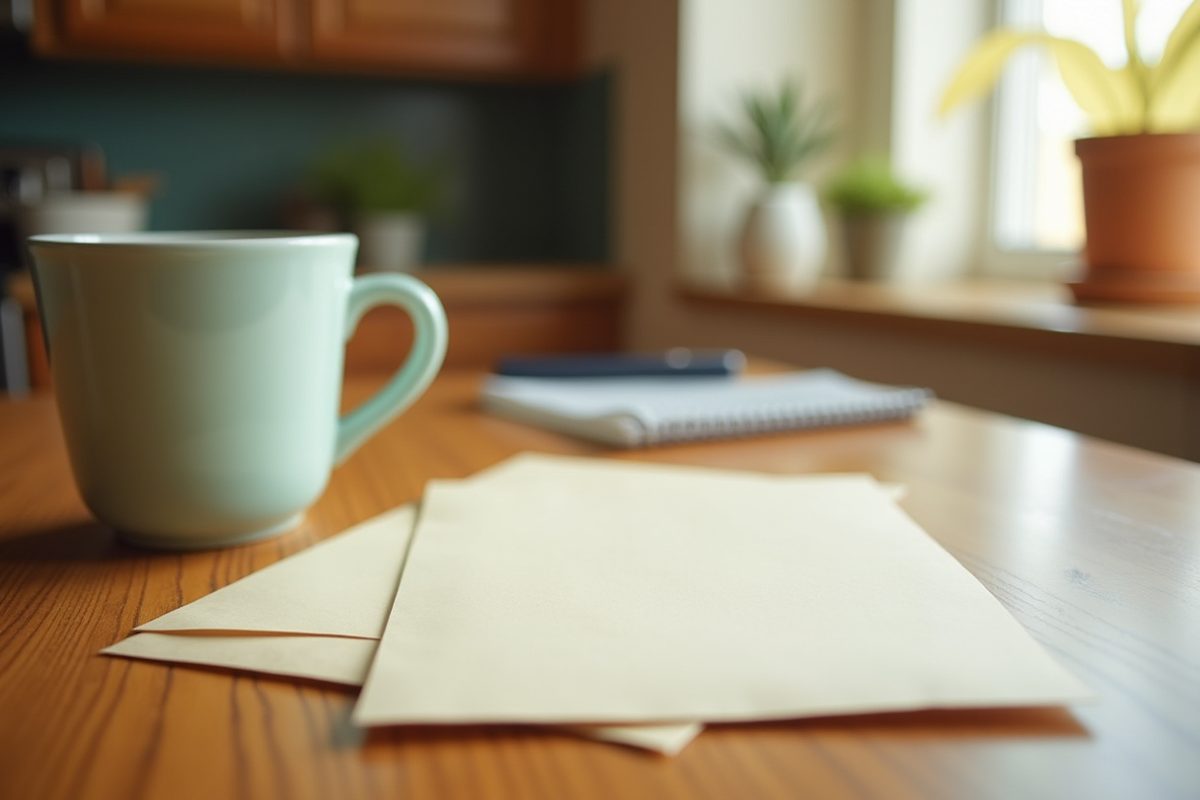 A plain cream envelope and a blank folded sheet of paper resting on a kitchen counter beside reading glasses and a mug in soft morning light.