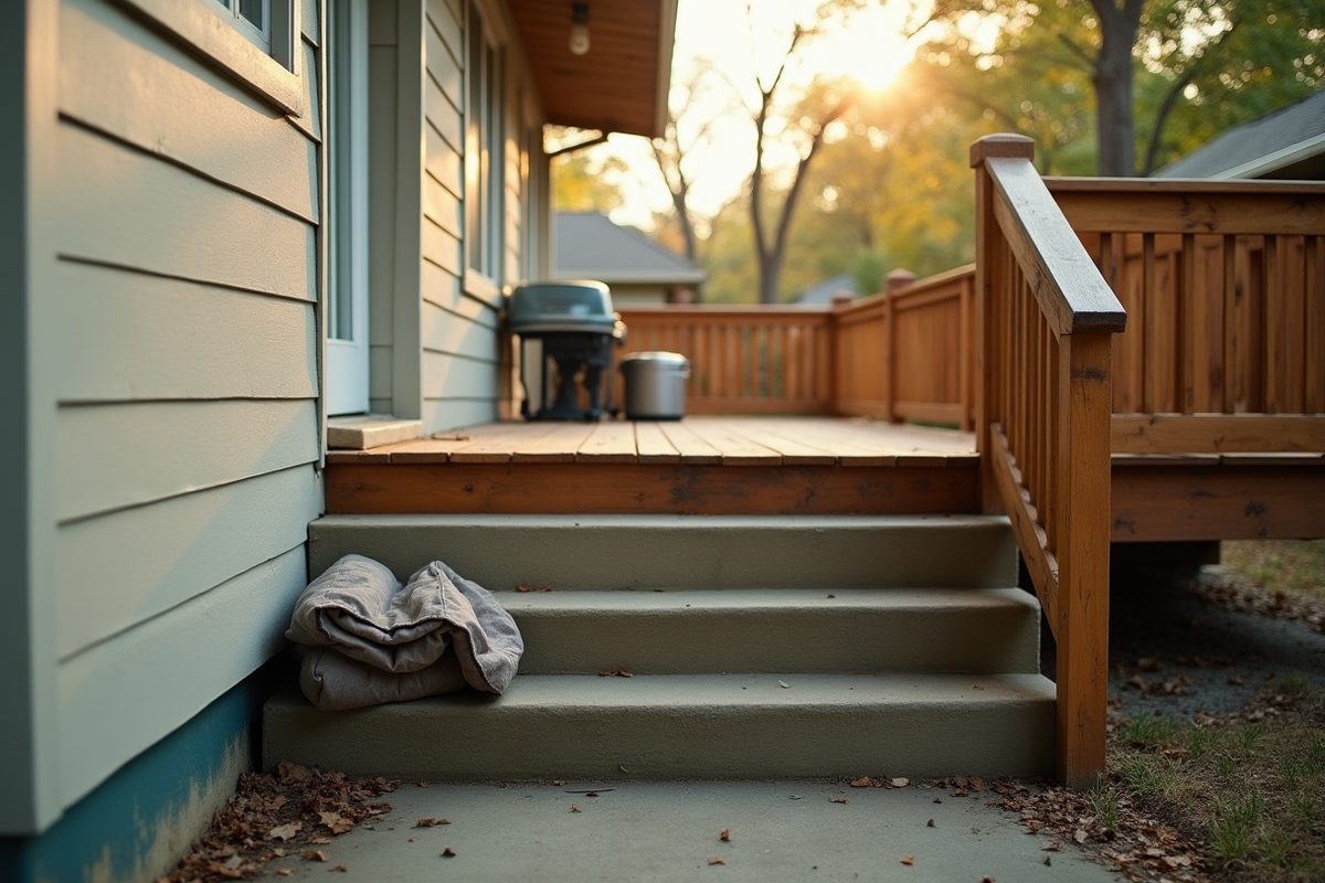 Concrete exterior steps running up the side of a Texas home to a wooden back deck, with a metal handrail and a folded weatherproof cover at the top step.
