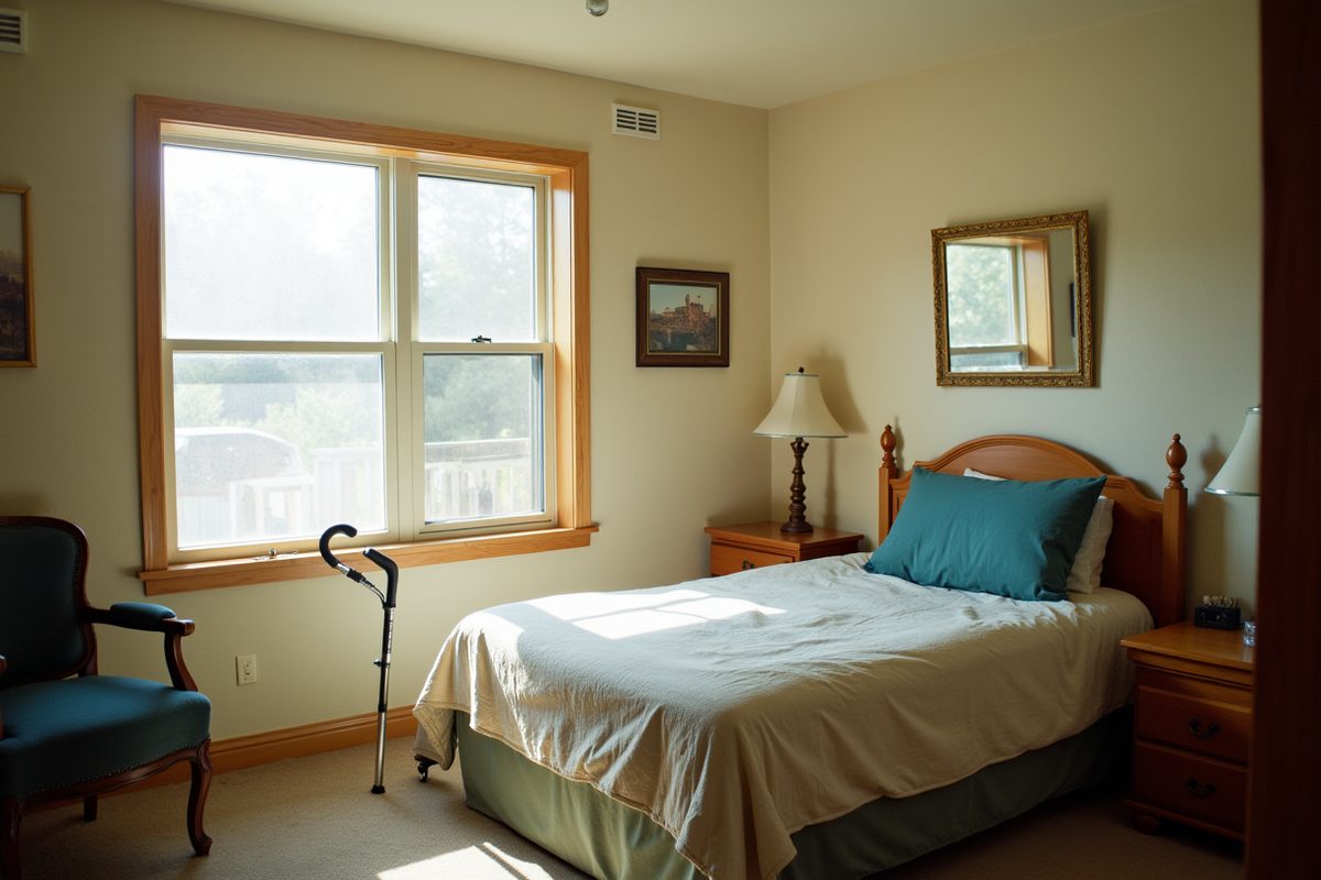 A ground-floor guest bedroom with a neatly made bed, a walking cane leaning against the nightstand and an open window letting in afternoon light.