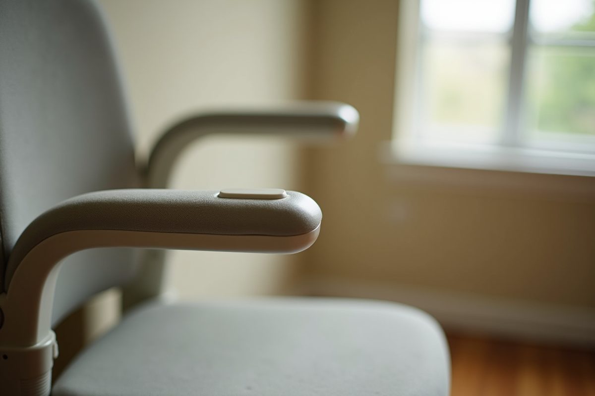 A close-up of a stairlift armrest ending in a simple rocker control paddle, with plain neutral upholstery and a smooth, unlabelled control surface.