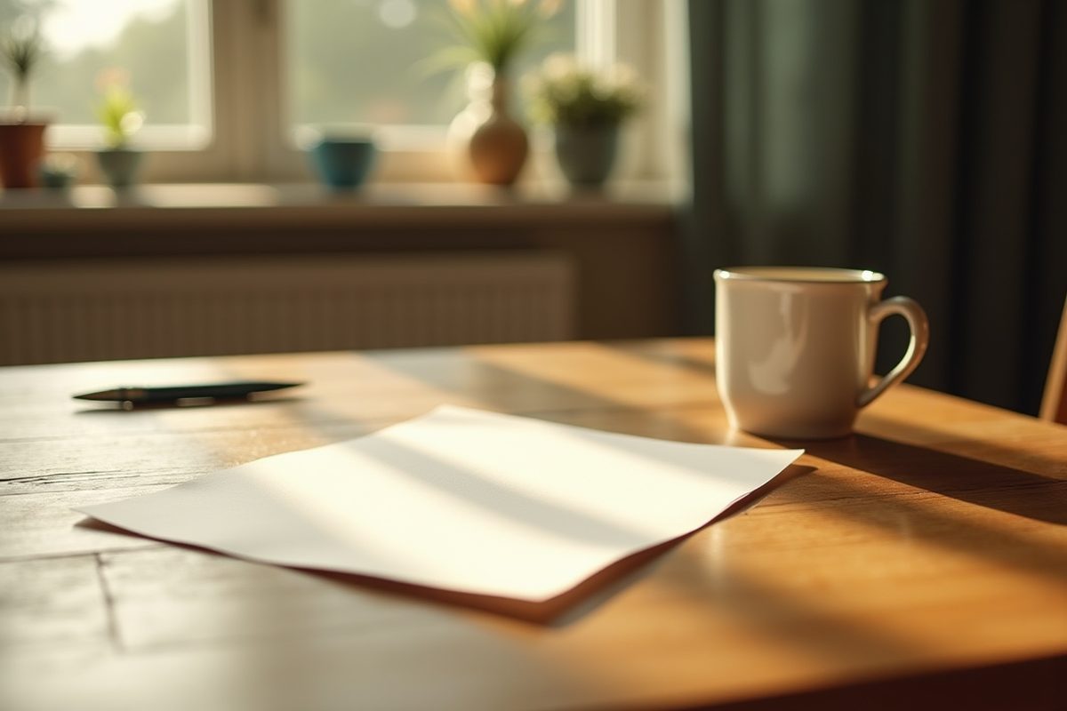 Morning sunlight moving across a warm wooden dining table holding a blank sheet of paper, a pen, reading glasses and a mug.