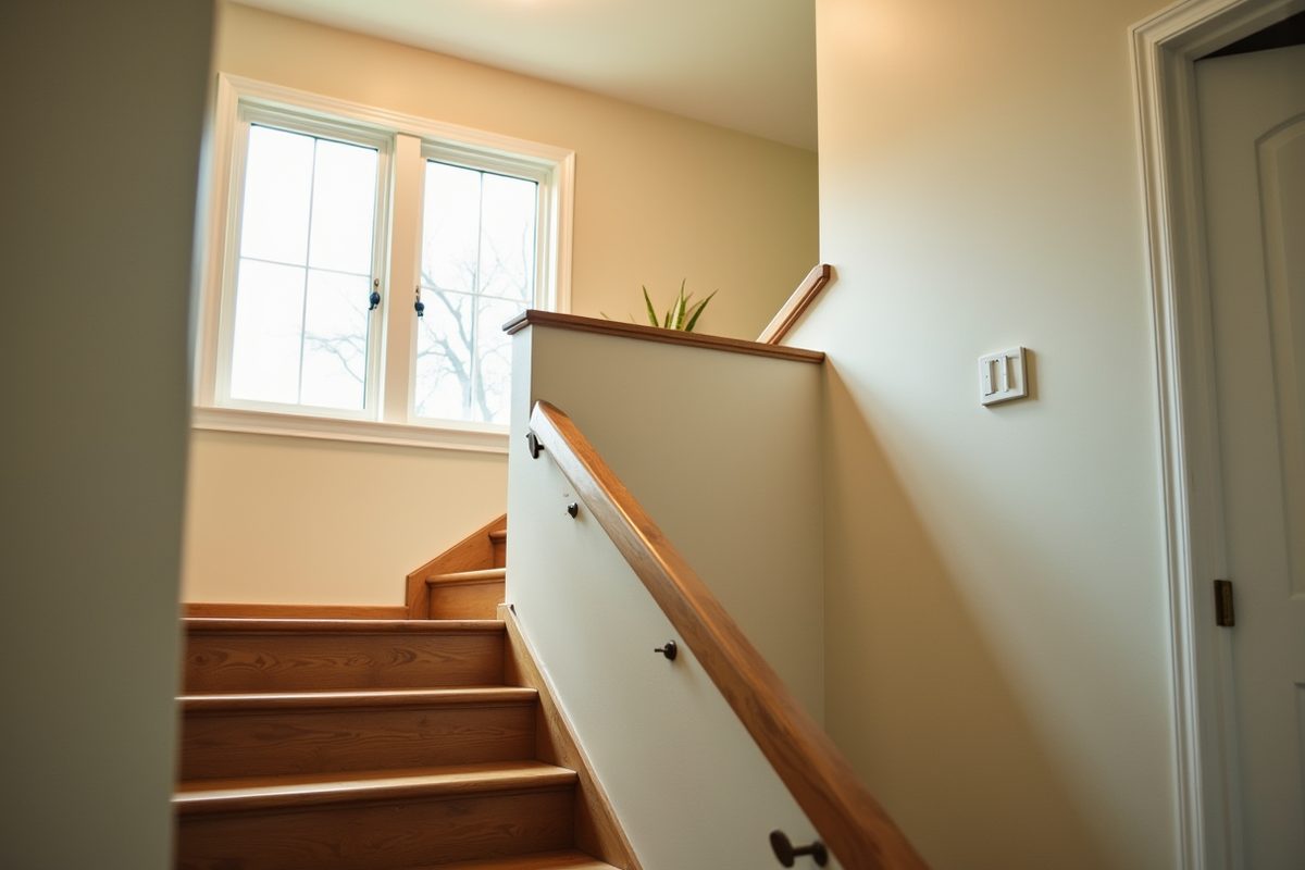 Looking up a staircase that turns at a landing, with the handrail sweeping around the corner and sunlight falling from the landing window.