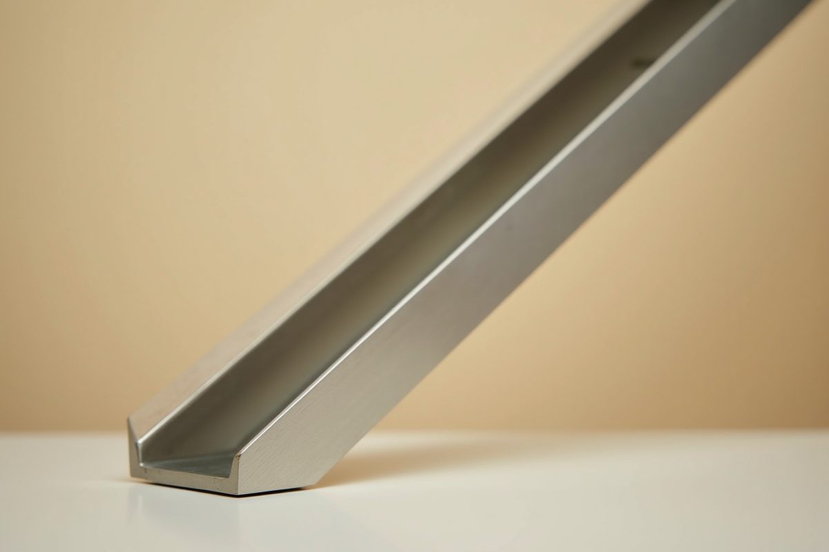 A straight section of plain brushed-metal stairlift rail track resting on a bare surface against a warm neutral backdrop in soft studio light.
