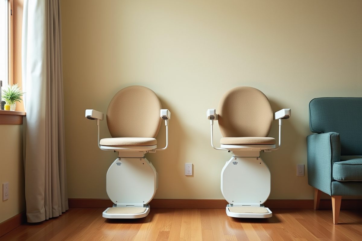 Two plain stairlift seats standing side by side against a warm neutral wall in soft even light, both clean and unmarked.