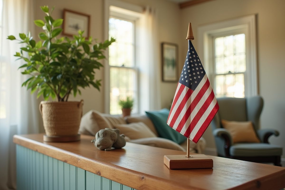 A family living-room shelf in soft afternoon light holding a small American flag on a wooden stand beside a green houseplant and framed photographs angled away.