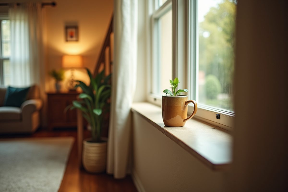 A sunlit windowsill and side table holding reading glasses, a mug and a small green plant, with a wooden staircase softly out of focus beyond.