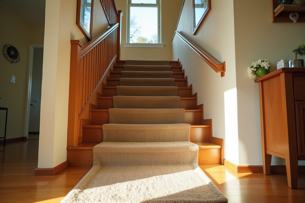Morning sunlight falling across the bottom steps of a staircase in a warm, lived-in family home, with a polished wooden banister and a woven runner rug.
