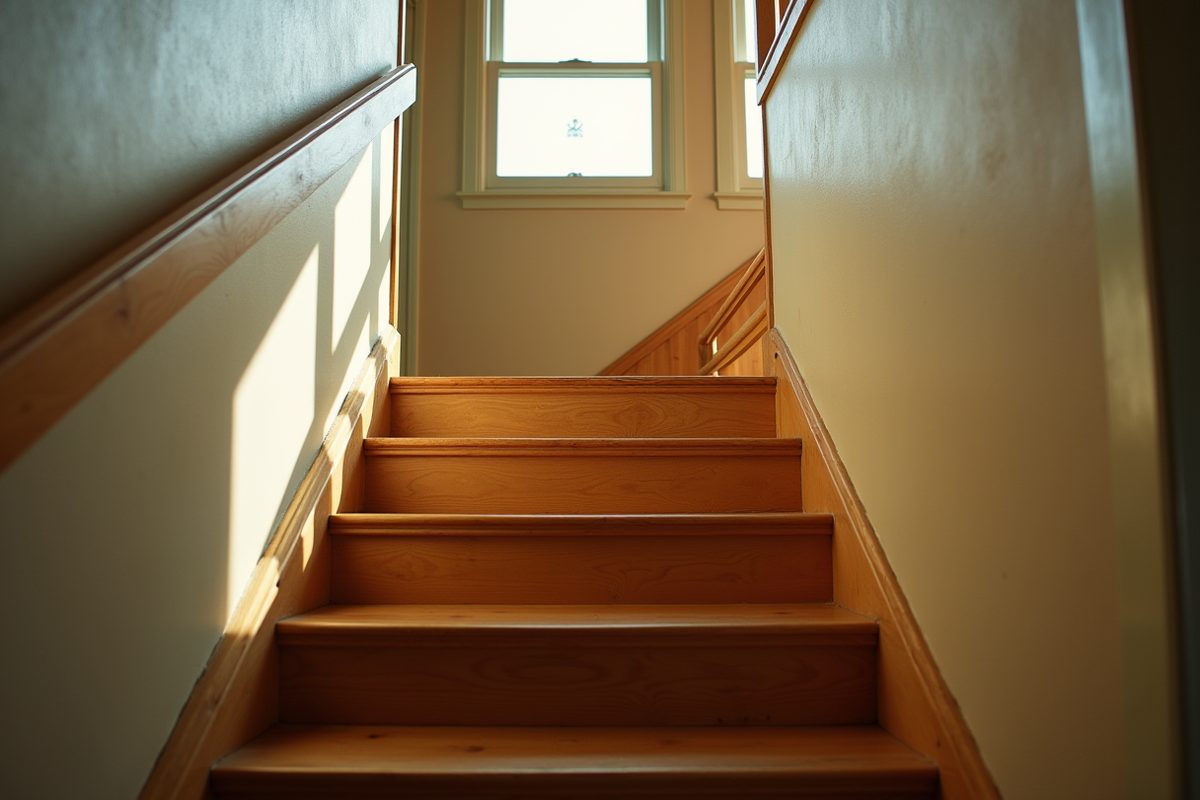 Looking up an empty wooden staircase from the bottom step, with late-afternoon sunlight climbing the treads one at a time.
