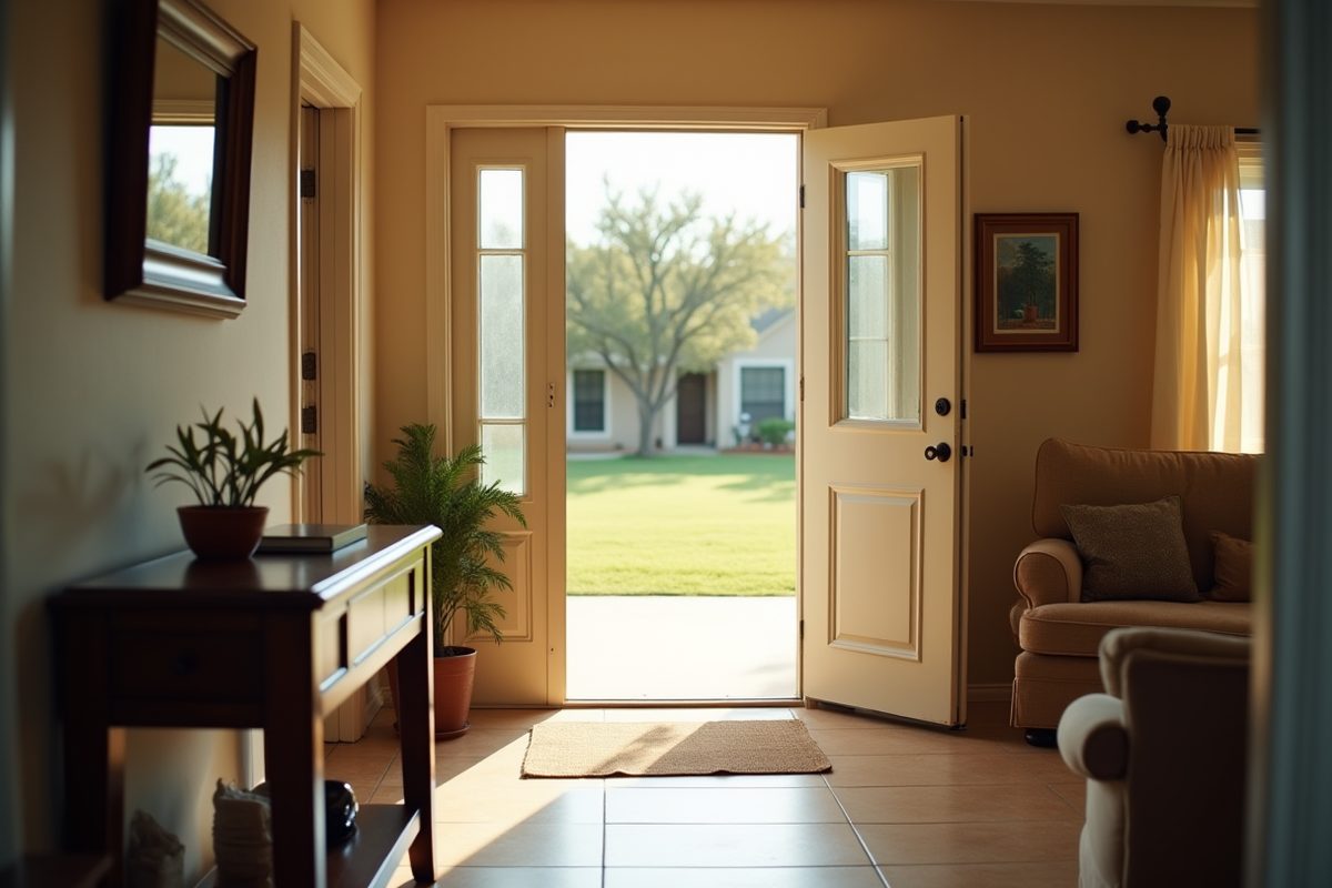 The open front door of a Texas suburban home seen from inside the entryway, with daylight spilling across a tiled floor and a woven mat.