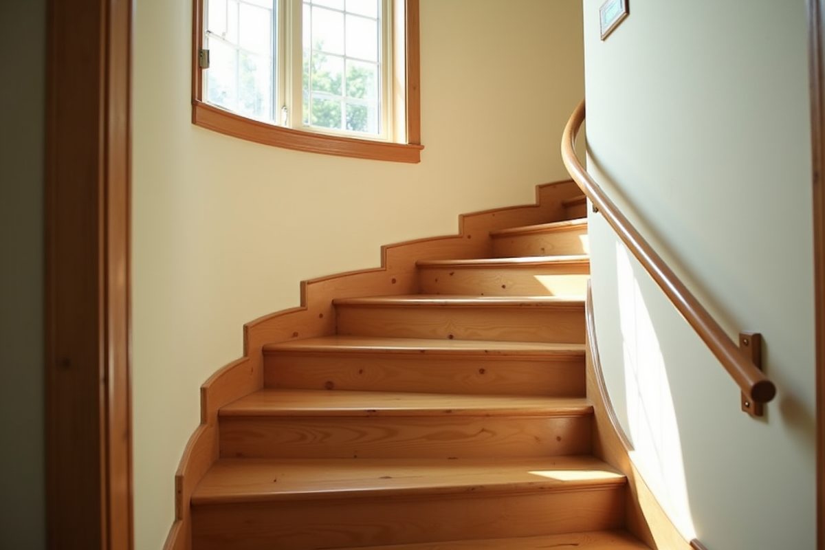 A staircase curving upward on winder treads in a warm family home, with a wall-mounted wooden handrail following the bend and daylight from a window above.