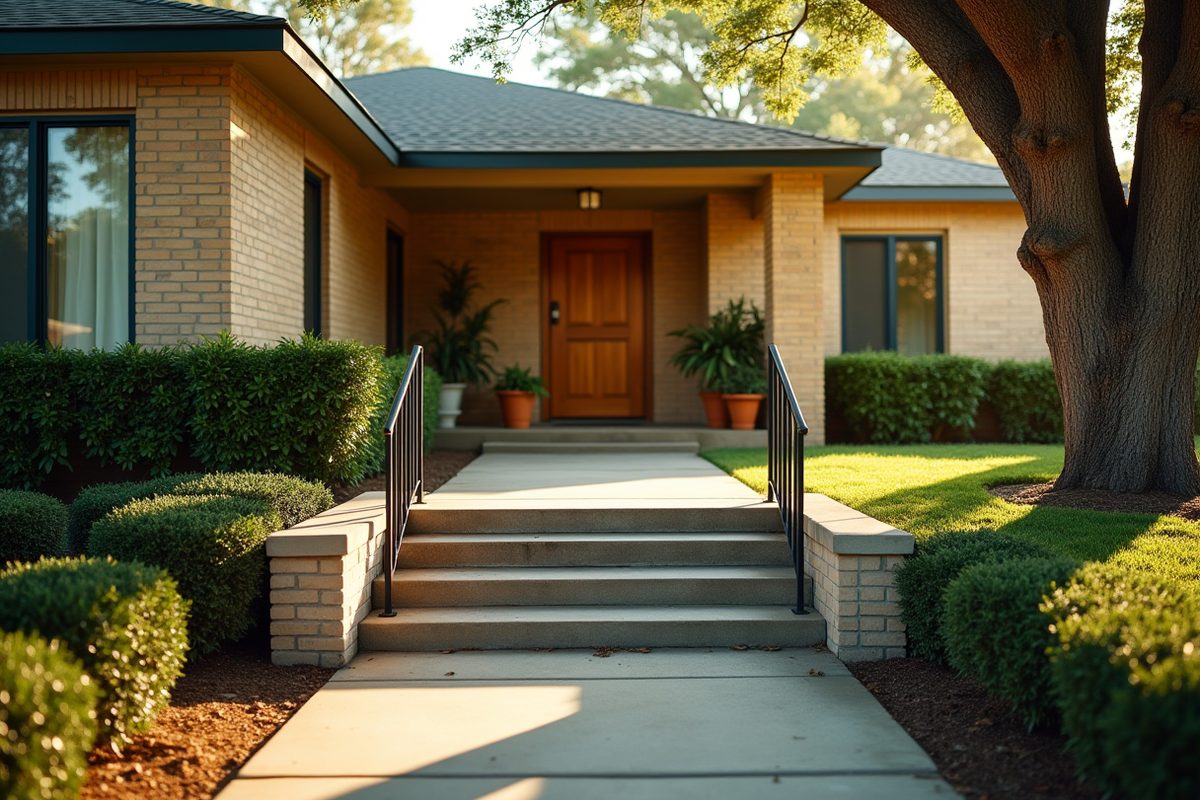 The front steps of a Texas brick ranch house in golden late-afternoon light, with black metal handrails on both sides and potted plants by the door.