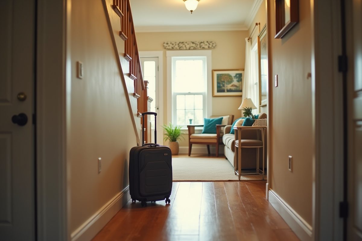 A small suitcase and a neatly folded blanket set beside the bottom step of a staircase in a warm hallway, suggesting a temporary stay.