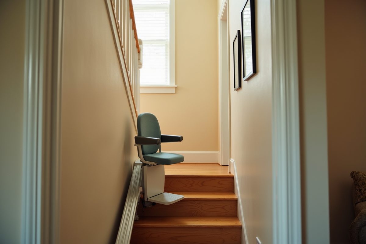 A single straight staircase in a bright home with a plain, unbranded powered stairlift parked at the bottom of its rail.