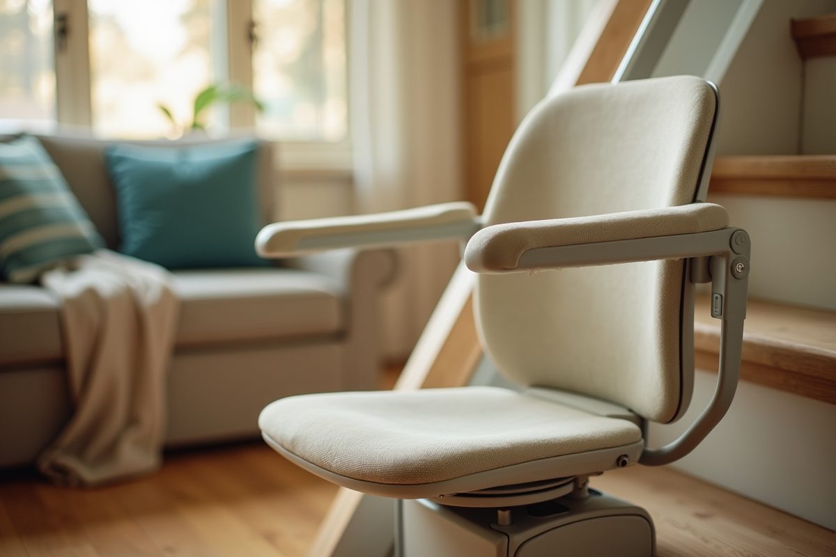 A close-up of a clean, well-kept stairlift seat and armrest in soft window light, with plain neutral upholstery and no markings.