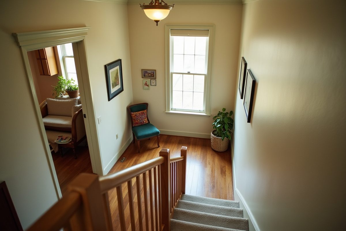 An upstairs landing of a comfortable family home seen from the top of the stairs, with daylight coming through a tall landing window.