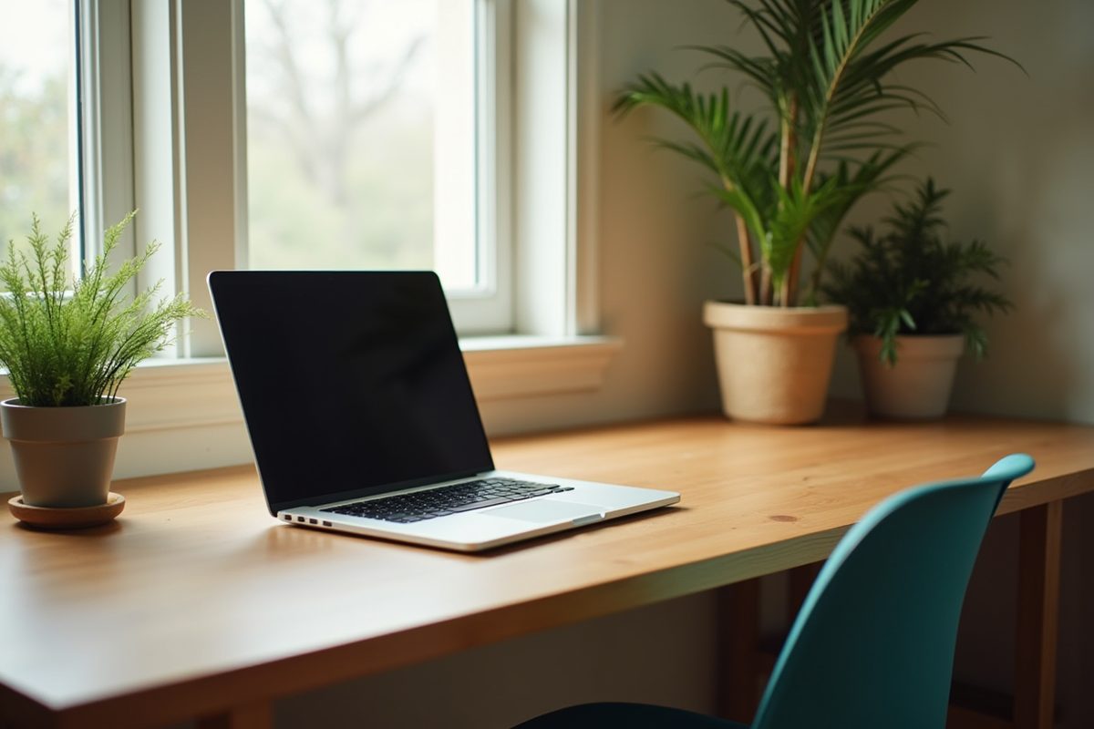A tidy home-office corner with a closed laptop, a pair of reading glasses and a small green plant on a warm wooden desk in morning light.